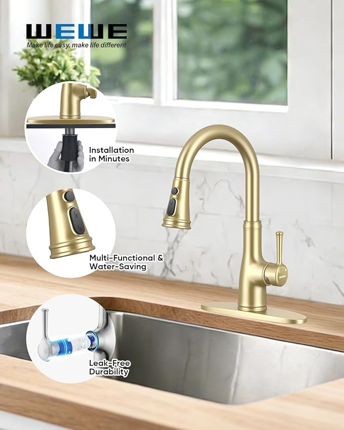 WEWE Vintage Kitchen Faucet with Pull Down Sprayer, Stainless Steel 1 or 3 Hole High Arc Single Handle Antique Sink Faucet for Classic Modern Ktichen, Gold Bar & Prep Sinks