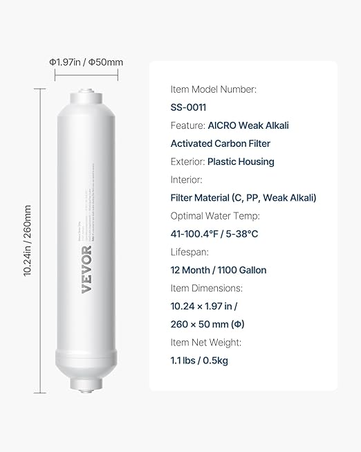 VEVOR Alkaline Water Filter, Universal Remineralization Filter, pH Balance and Restore Essential Minerals, Replace Inline Mineral Filter Fit for Undersink RO System, Water Purifier, 1/4" Quick-Connect