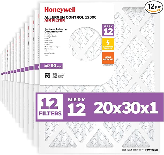 Honeywell 20x30x1 MERV 12 Electrostatic Pleated HVAC AC Furnace Air Filter (12-Pack) | Replacement Filter for Home Use | Made in USA