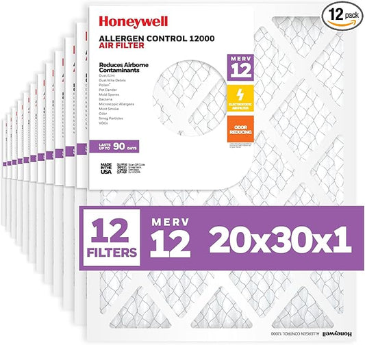 Honeywell 20x30x1 MERV 12 Electrostatic Pleated HVAC AC Furnace Air Filter (12-Pack) | Replacement Filter for Home Use | Made in USA