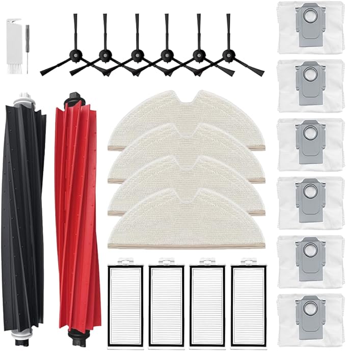 24Pcs Q5 MAX+ Accessories Kit Replacement Compatible with Roborock Q5 MAX+ /Q5 Pro+ /Q8 Max+ Robot Vacuum, 2 Main Brush, 4 Mop Cloth Pads, 6 Side Brushes, 4 HEPA Filters,6 Dust Bag, 1 Cleaning Tool