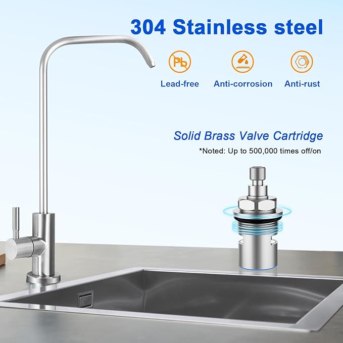 Drinking Water Faucet - Long Thread Stem Filtered Water Tap for Thick Countertop,Lead-Free RO Faucet with Hose and Push Connect Fittings(Brushed Stainless - "7" Shape)