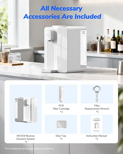Ecoviva MATE4 Countertop Reverse Osmosis Water Filter with UV - 7-Stage Purification, Instant Hot Water (212°F), Real-Time TDS, 3:1 Pure to Drain, Desktop Water Purifier Ideal for Dormitory