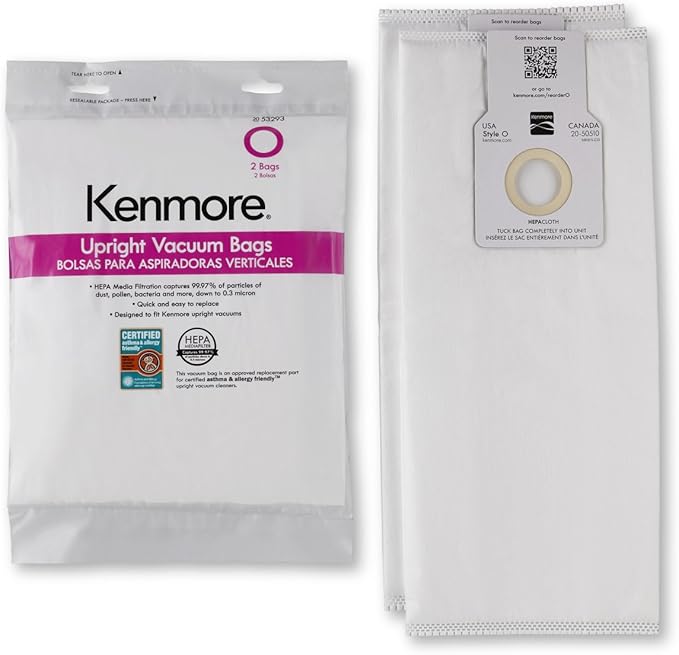 Kenmore 53293 Style O HEPA Cloth Vacuum Bags for Kenmore Upright Vacuum Cleaners 2 Pack,White