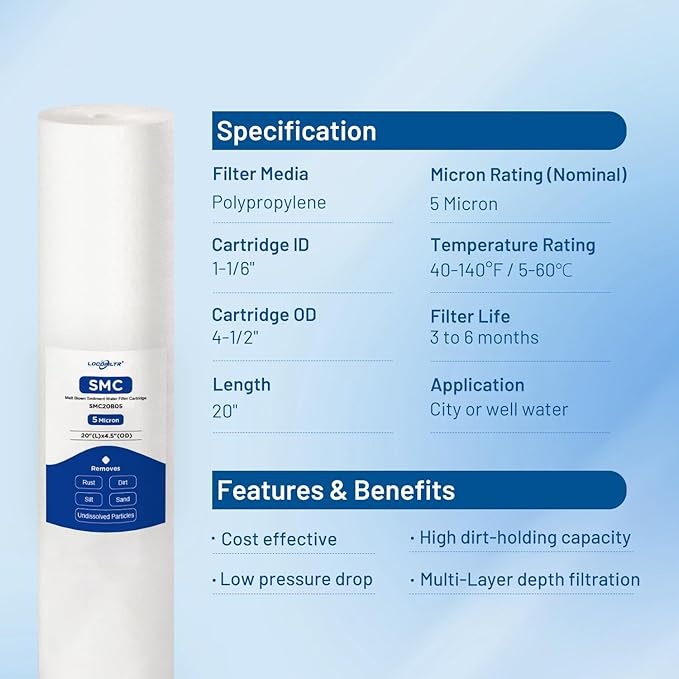 Whole House 5 Micron 20" x 4.5" Spun Polypropylene Sediment Water Filter Cartridge Replacement for DGD-5005-20, FP25B, 155358-43, SDC-45-2005, P5-20BB, FPMB-BB5-20, SP-DD-5005-20BB (Pack of 2)