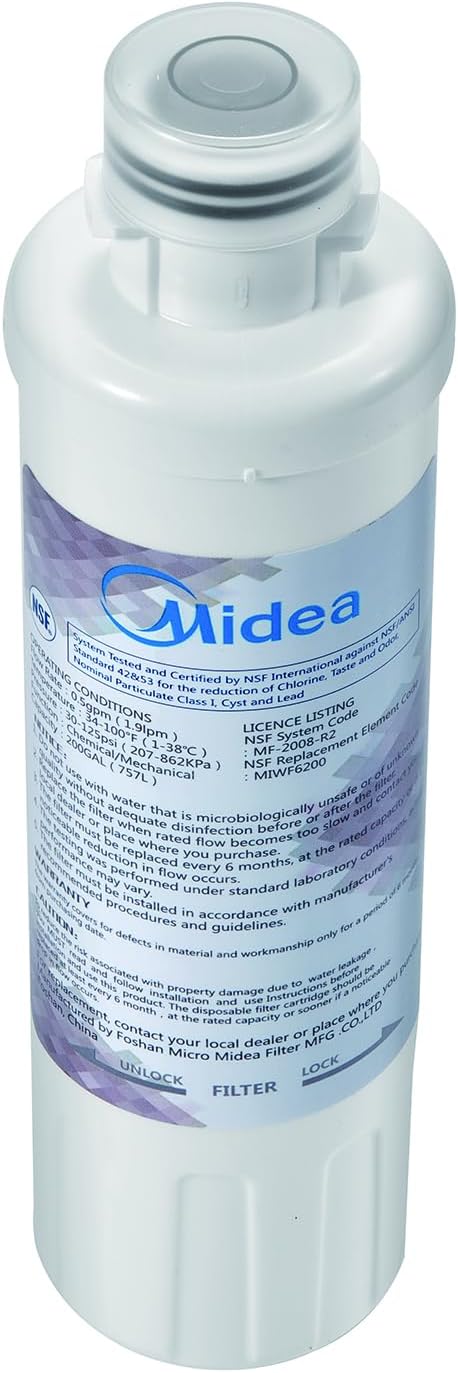 Midea MIWF6200 Twist-in Refrigerator Water Filter, 200 Gallon, Compatible with Midea Side-by-side Refrigerators MRS26D7AST/ MRS26D5AST/ MRQ22D7AST