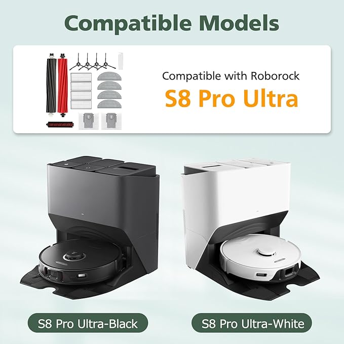 isinlive Accessories Kit Compatible with Roborock S8 Pro Ultra Robot Vacuum Cleaner, 1 Set Main Brush, 1 Rolling Brush, 4 HEPA Filters, 4 Side Brushes, 4 Mop Cloth Pads, 2 Dust Bags, 1 Cleaning Tool
