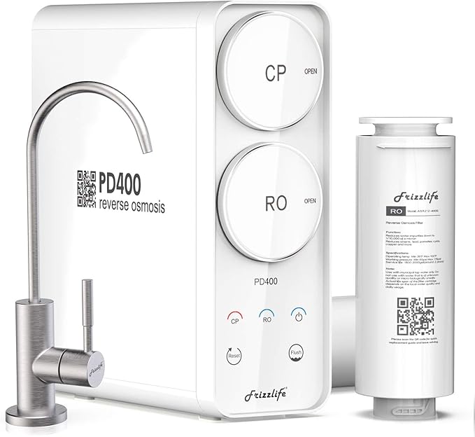 Frizzlife Reverse Osmosis System - Tankless 400 GPD Drinking Water Filtration System, Quick Twist Under Sink RO Filter - 1.5 : 1 Pure to Drain - Reduce TDS, Compact Footprint, USA Tech Support, PD400
