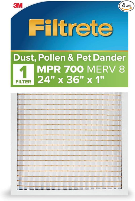 Filtrete 24x36x1 AC Furnace Air Filter, MERV 8, MPR 700, Tough on Pollen, Easy on Airflow, 3-Month Pleated 1-Inch Electrostatic Air Cleaning Filter, 4-Pack (Actual Size 23.81 x 35.81 x 0.65 in)