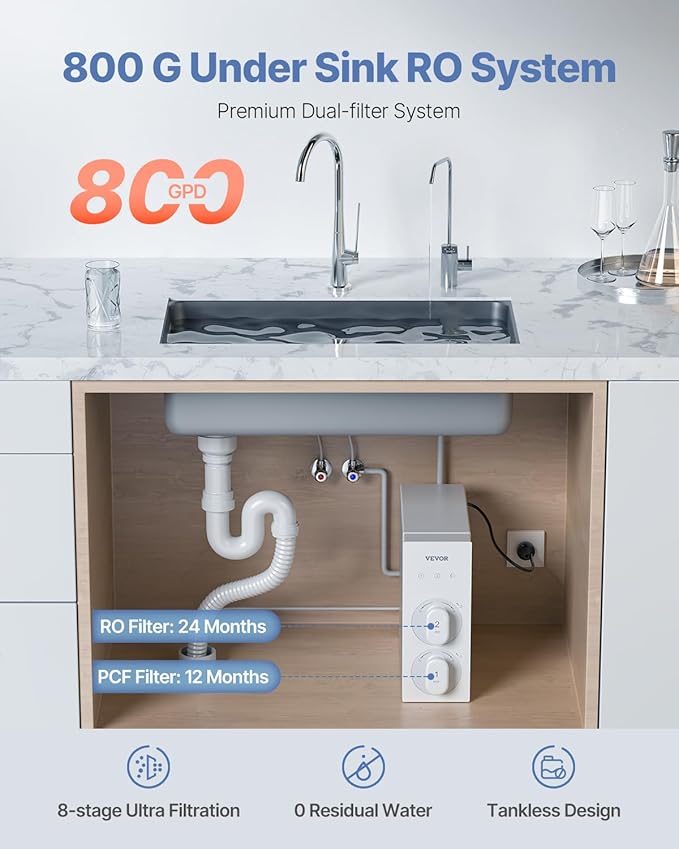 VEVOR Reverse Osmosis System, 800 GPD 8-stage Tankless Reverse Osmosis Water Filter, Under Sink Water Filtration System with Smart Display Faucet, 2:1 Pure to Drain Ratio