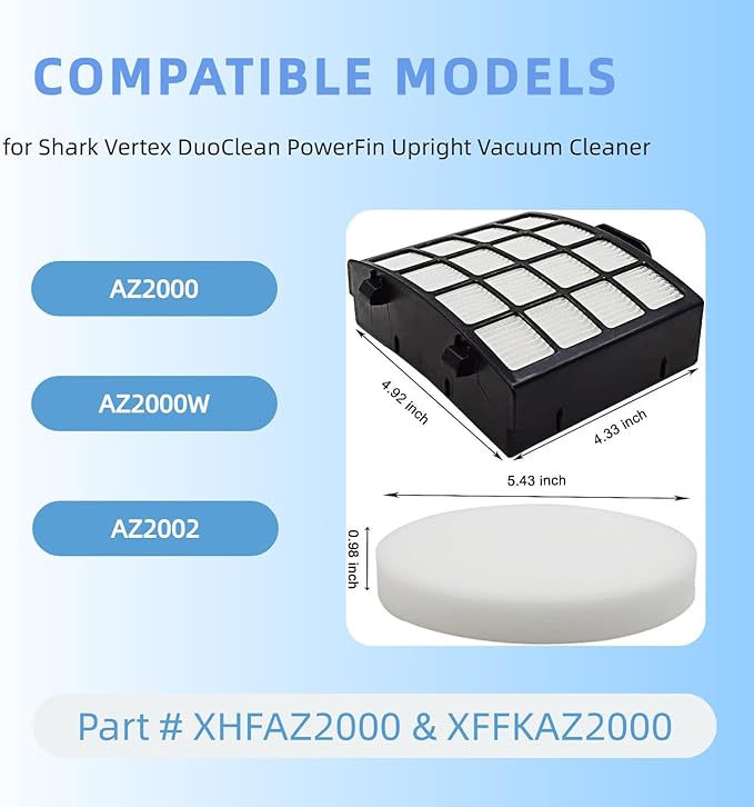 AZ2002 Replacement filter Compatible with Shark Vertex DuoClean PowerFin Upright Vacuum AZ2000, AZ2000W, AZ2002.Compare to Part # XHFAZ2000, XFFKAZ2000 (1 Post-Motor Filter+3 Foam & Felt Filters)