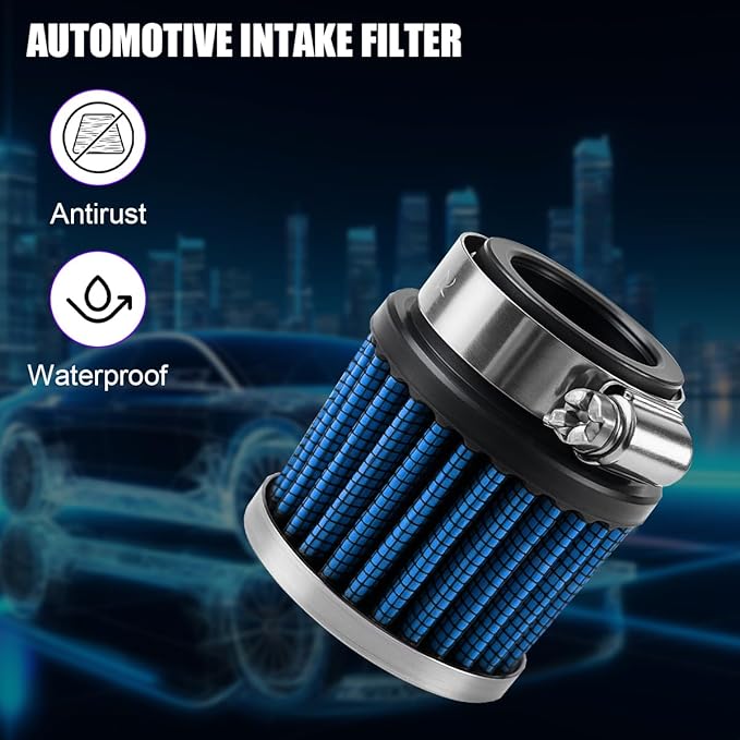 Car Air Intake Filter, 1" 25mm Inlet Valve Cold Air Intake Filter Cleaner with Adjustable Clamp, Hight Flow Performance Auto Crankcase Breather Filter Replacement, Universal Fit (Blue)