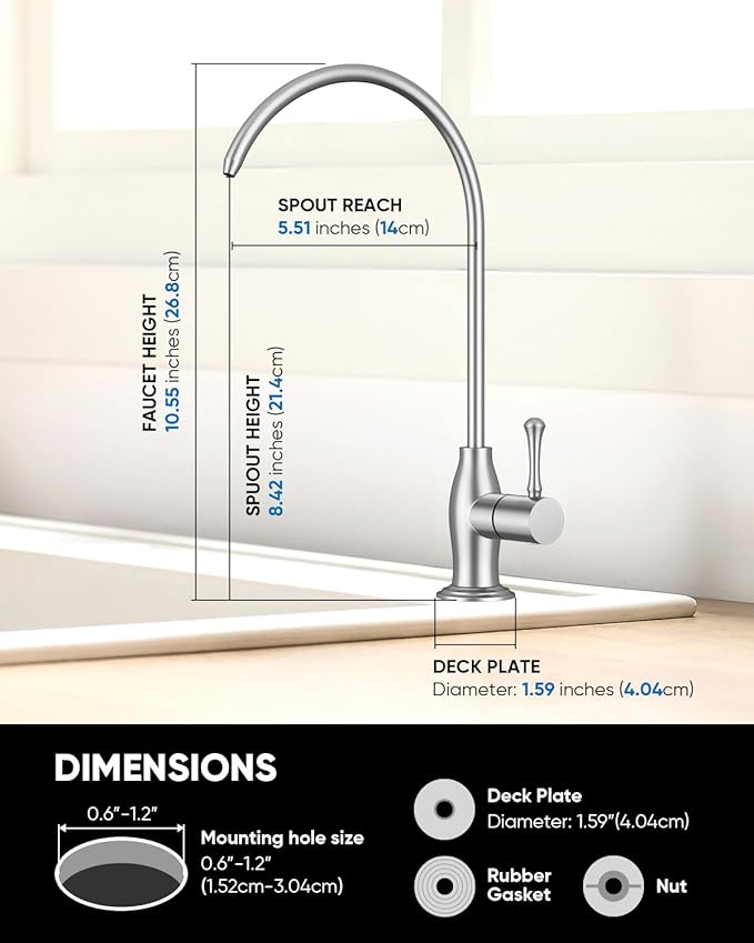 WEWE Vintage Drinking Water Faucet, Lead-Free Stainless Steel Kitchen Water Filter Faucet for Reverse Osmosis System, Non-Air Gap RO Beverage Faucet, Brushed Nickel