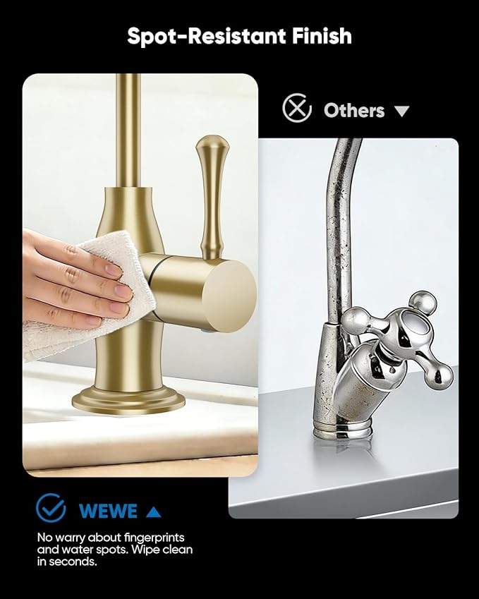 WEWE Vintage Drinking Water Faucet, Lead-Free Stainless Steel Kitchen Water Filter Faucet for Reverse Osmosis System, Non-Air Gap RO Beverage Faucet, Gold