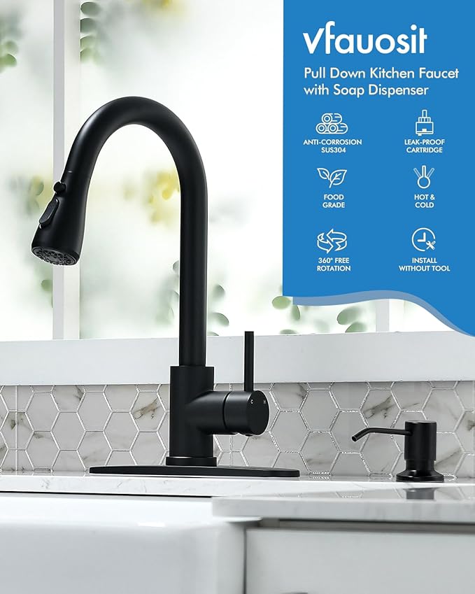 VFAUOSIT Kitchen Faucet with Escutcheons and Soap Dispenser, 3-Mode Black Stainless Steel Kitchen Faucet Escutcheons for 2 to 4-Hole Bar Laundry RV Utility Sink