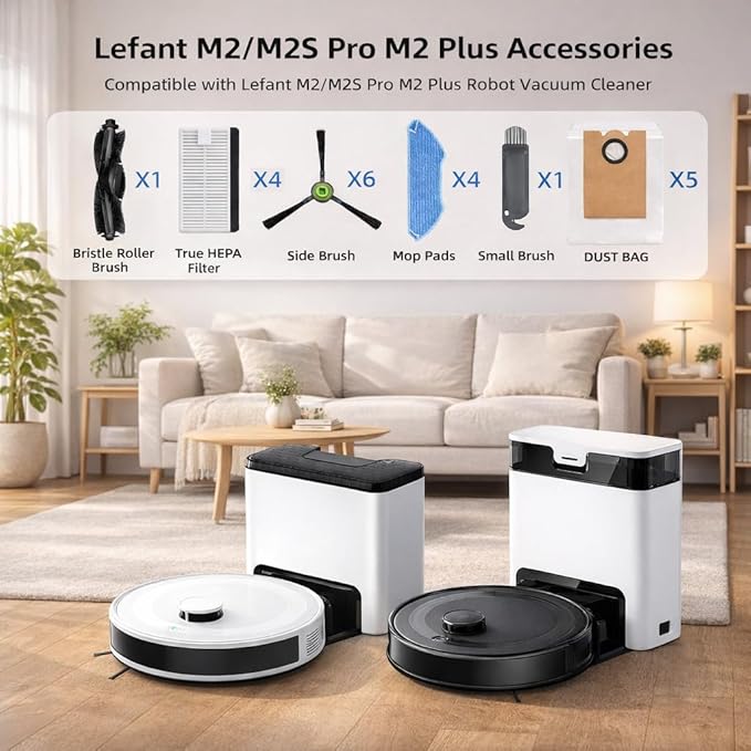 20 Pack Replacement Accessories Compatible with Lefant M2/M2S Pro M2 Plus Robot Vacuum Cleaner, 1 Roller Brush,6 Side Brushes,4 HEPA Filters,4 Mop Pads,5 Dust Bags 1 Small Brush Vacuum Cleaner