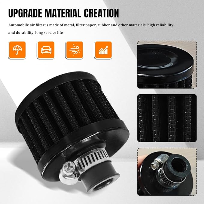 2PCS Breather Filter, Air Intake Filter, 12mm Auto Air Filter Vent Crankcase Breather with Adjustable Clamp, Universal Car Accessory Valve Cover Breather Fit for Car and Motorcycle (Black)