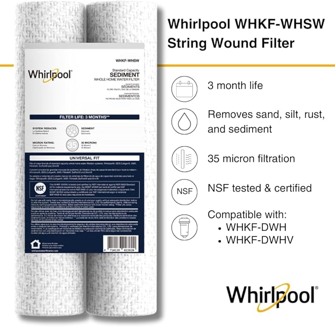 Whirlpool 35-Micron 10" x 2.5" String Wound Whole House Water Filters, NSF Certified Filtration Reduces Sediment for Well Water, WHKF-WHSW, 2-Pack