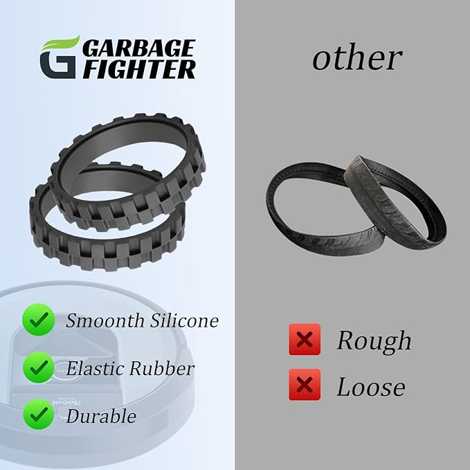 Garbage fighter Tires for IROBOT ROOMBA Wheels Series 500, 600, 700, 800 and 900, e5, e6, i7,Anti-Slip, Great Adhesion and Easy Assembly, Wheel Replacement for All roomba Models (Black 4 Pack)