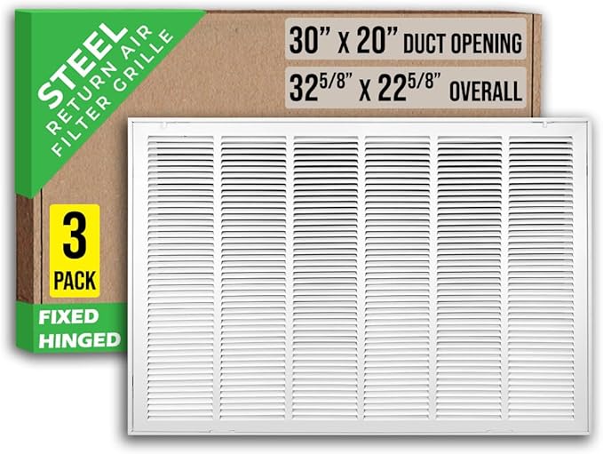 [3 Pack] Fits 30x20 Duct Opening | Steel Return Air Filter Grille by Handua [Fixed Hinged] Vent Cover Grill for Sidewall and Ceiling | White | Outer Dimensions: 32 5/8"W X 22 5/8"H