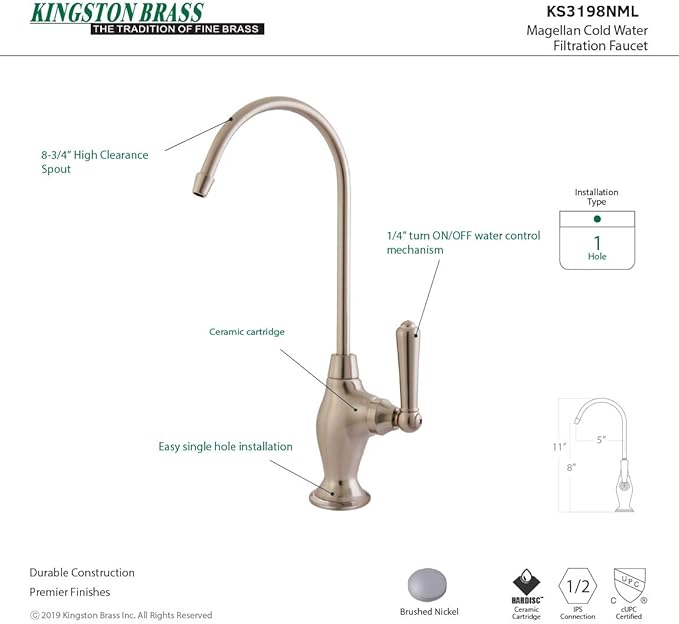 Kingston Brass KS3198NML Magellan Design 1/4 Turn Water Filter Faucet, Brushed Nickel