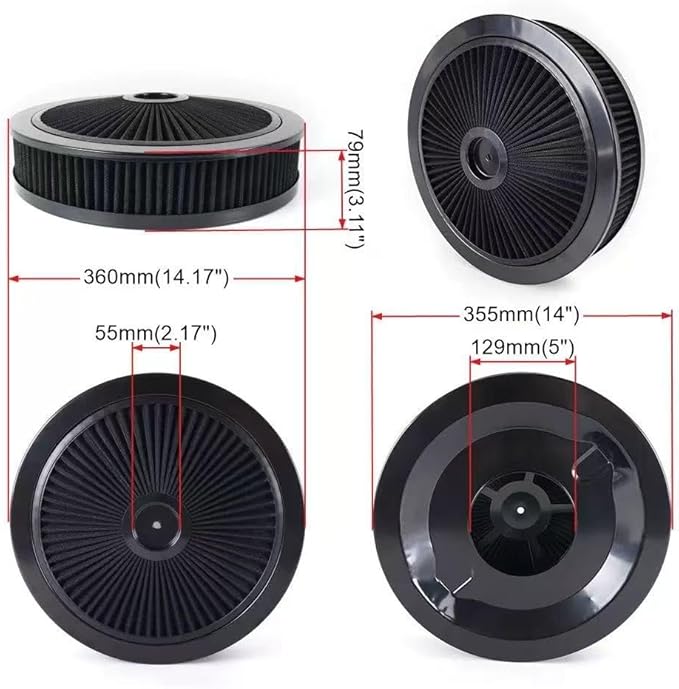 14"x3" Round High Flow Washable Air Cleaner Filter Assembly w/Flow-Thru Lid for Caburetor Compatible with Ford/GMC/Chevy SBC BBC Black
