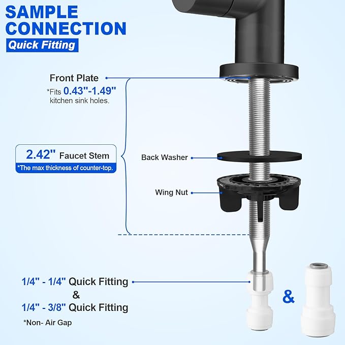 Drinking Water Faucet - Long Thread Stem Filtered Water Tap for Thick Countertop,Lead-Free RO Faucet with Hose and Push Connect Fittings(Matte Black - "7" Shape)