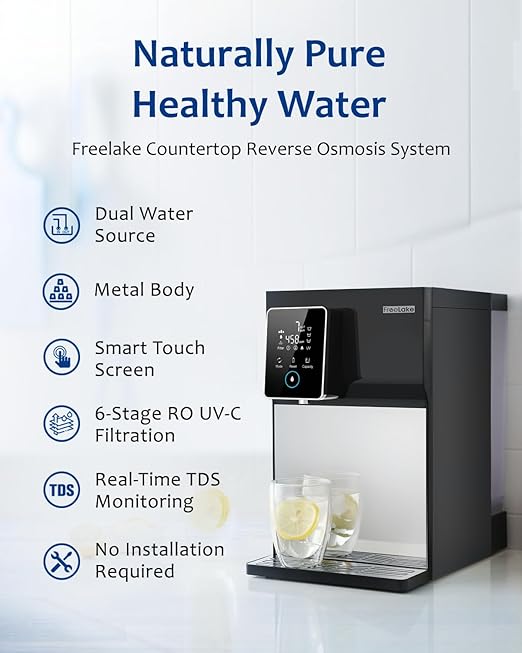 Reverse Osmosis Water Filter Countertop, 6-Stage RO System with UV, Dual Water Sources, Metal Body, 3:1 Pure to Drain, Smart TDS Monitor, Portable No Installation Water Purifier for Home