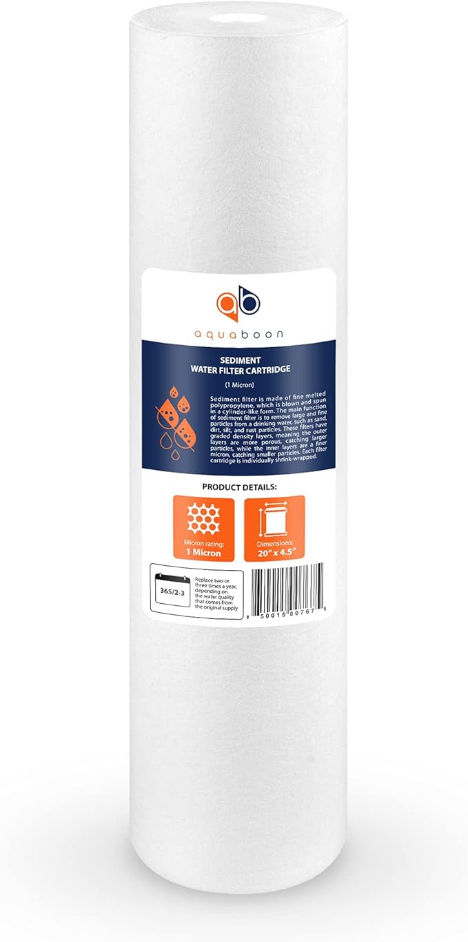 Aquaboon 1 Micron 20 x 4.5 Sediment Water Filter Replacement Cartridge | Whole House Sediment Filtration | Compatible with AP810-2, SDC-45-2005, FPMB5-20, P5-20, FP25B, 155358-43, 8 Pack