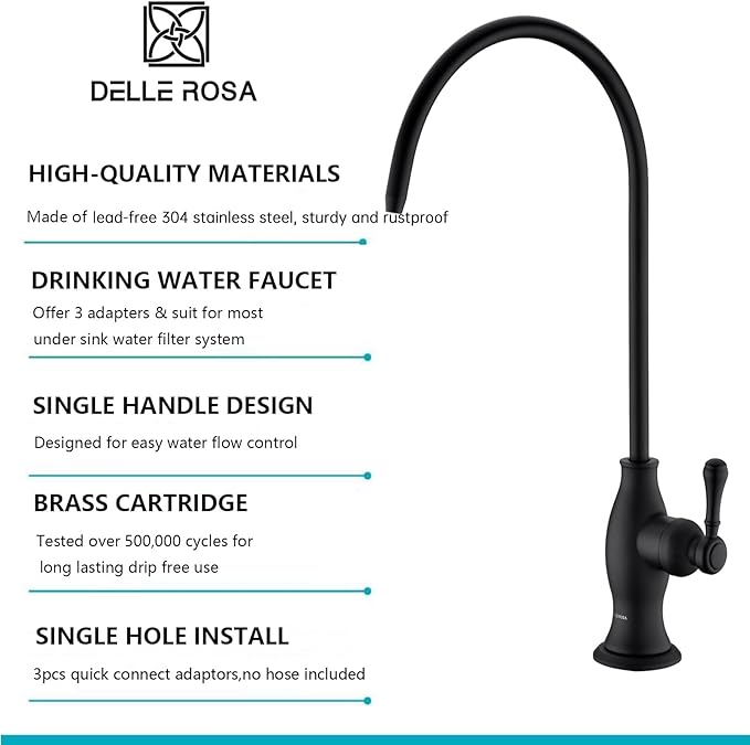 Delle Rosa Drinking Water Purifier Faucet, Commercial Filtration Faucets for Under Sink Water Filter System, Modern Stainless Steel Matte Black Kitchen Bar Sink Drinking Water Faucets,Non-Air Gap