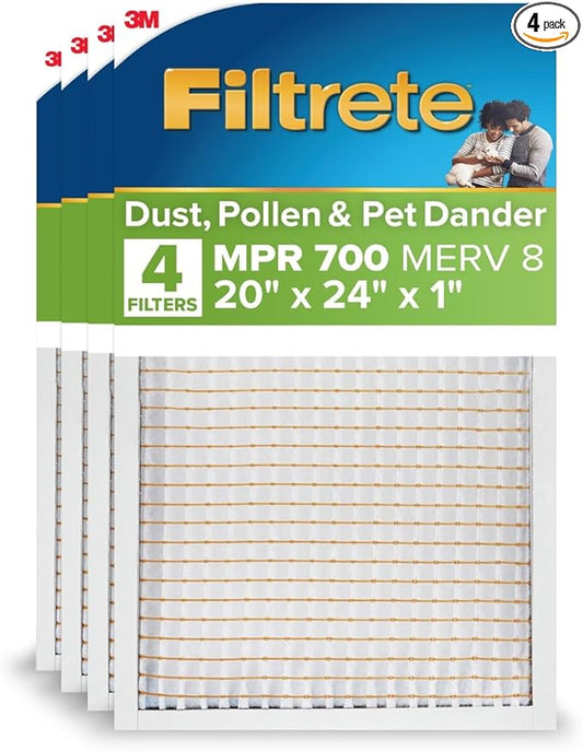 Filtrete 20x24x1 AC Furnace Air Filter, MPR 700, MERV 8, Tough on Pollen, Easy on Airflow, 3-Month Pleated 1-Inch Electrostatic Air Cleaning Filter, 4-Pack (Actual Size 19.81 x 23.81 x 0.81 in)