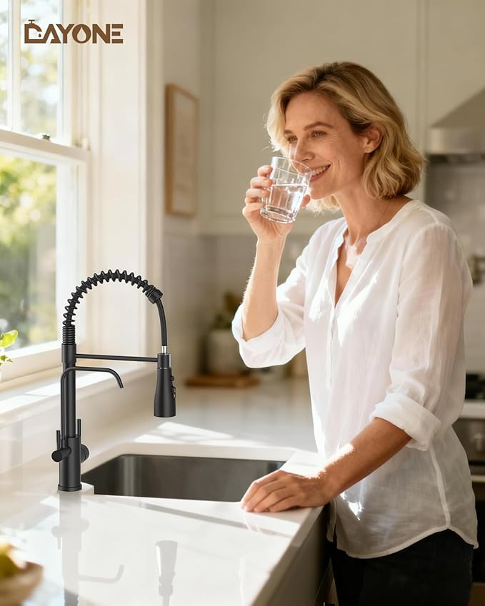 DAYONE Kitchen Faucet with Water Filter and Sprayer, 3 in 1 Pull Down Faucet with Purfied Water Faucet, 20 Inches High Arc Kitchen Water Filter Faucet, Matte Black (Without Filtration Device)