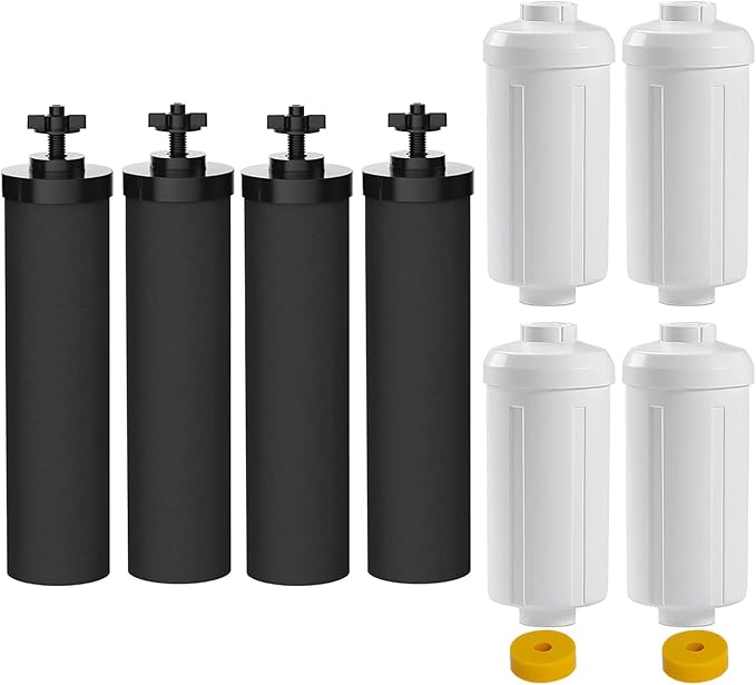 Water Filter Replacement Compatible with Berkey Gravity Filter Filtration System, NSF/ANSI 42 Certified 4 Black Filters and 4 Fluoride Filters PF2 for Travel, Big, Royal Series