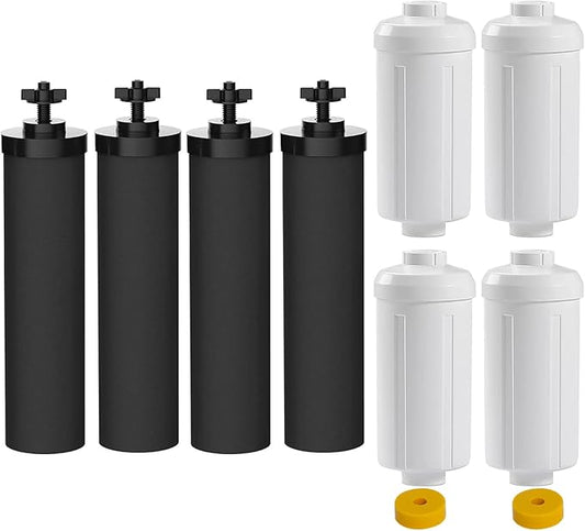 Water Filter Replacement Compatible with Berkey Gravity Filter Filtration System, NSF/ANSI 42 Certified 4 Black Filters and 4 Fluoride Filters PF2 for Travel, Big, Royal Series