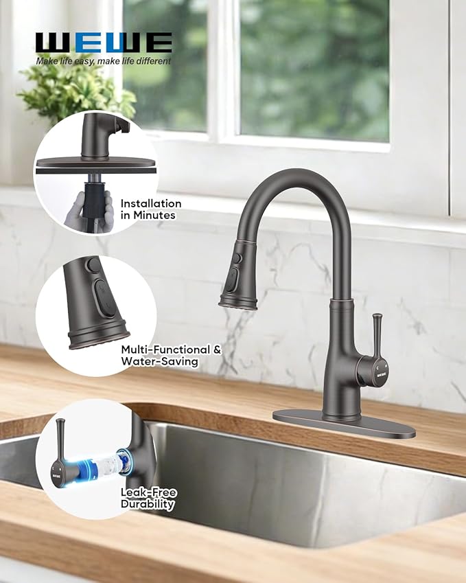 WEWE Vintage Kitchen Faucet with Pull Down Sprayer, Stainless Steel 1 or 3 Hole High Arc Single Handle Antique Sink Faucet for Classic Modern Ktichen, Oil Rubbed Bronze Bar & Prep Sinks