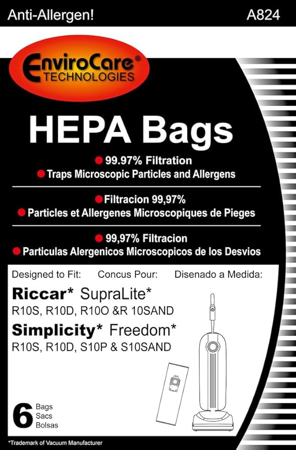 EnviroCare Replacement HEPA Vacuum Cleaner Bags Designed to fit Riccar SupraLite and Simplicity Freedom Upright Vacuums with Green Bag Holder 6 Pack