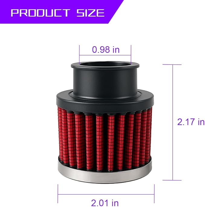 Car Air Intake Filter, 1" 25mm Inlet Valve Cold Air Intake Filter Cleaner with Adjustable Clamp, Hight Flow Performance Auto Crankcase Breather Filter Replacement, Universal Fit (Red)