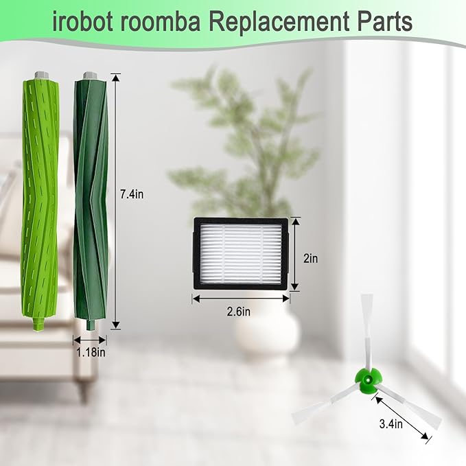 Replacement Parts for iRobot Roomba i3 i3+ i4 i4+ i5 i5+ i7 i7+ i8 i8+ j5 j5+ j7 E5 E6 E7 e, i, and j Series Robot Vacuums Replenishment Kit 2 Set Rubber Brushes,10 Vacuum Filters,10 Side Brushes