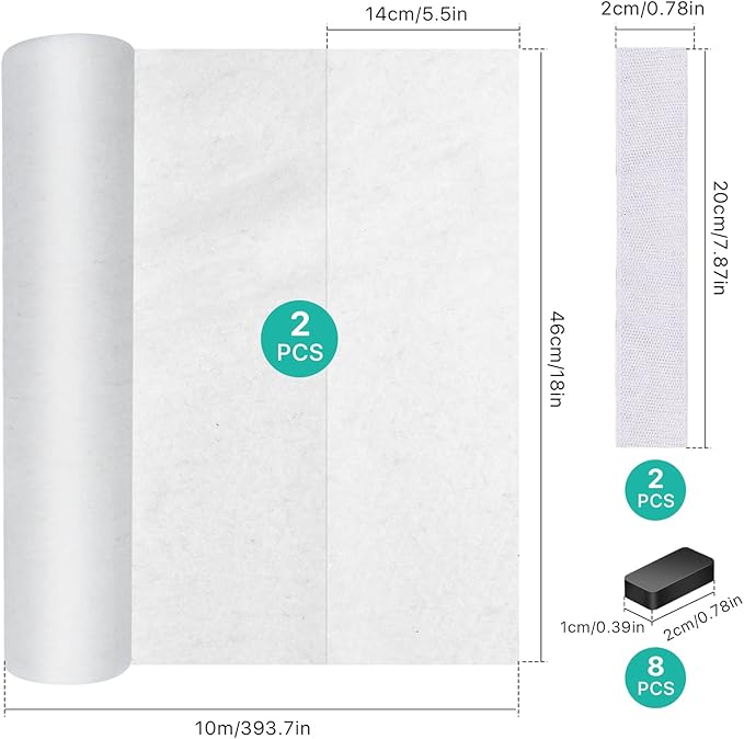 2 Rolls Range Hood Filters, Nonwoven Fabric Range Hood Replacement Filter with Adhesive Strips and Magnetic Block, Anti Oil Filter Paper for Kitchen（10 m Per Roll, White)