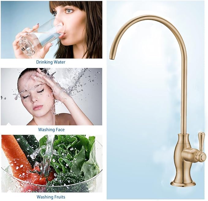 Delle Rosa Brushed Gold Drinking Water Faucet, Non-Air Gap Stainless Steel Kitchen Water Filter Faucet, Classical Water Filtration Faucet for Under Sink Water Filter System Brushed Gold（Light Gold）