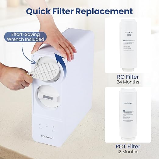 COSTWAY AW-RB05 Alkaline PH+ Reverse Osmosis Water Filter, 600 GPD Tankless Under-Sink RO System with 8-Stage Filtration, Smart LED Faucet, 2:1 Pure to Drain Ratio, High-Efficiency Water Purification