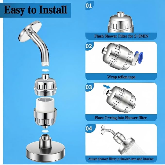 20-Stage Filtered Shower Head - Built-in Filter Effectively Removes Chlorine and Heavy Metals, Improving Skin and Hair Condition, 6-inch Rainfall Shower Head, Replaceable Filter Cartridge (Silver)