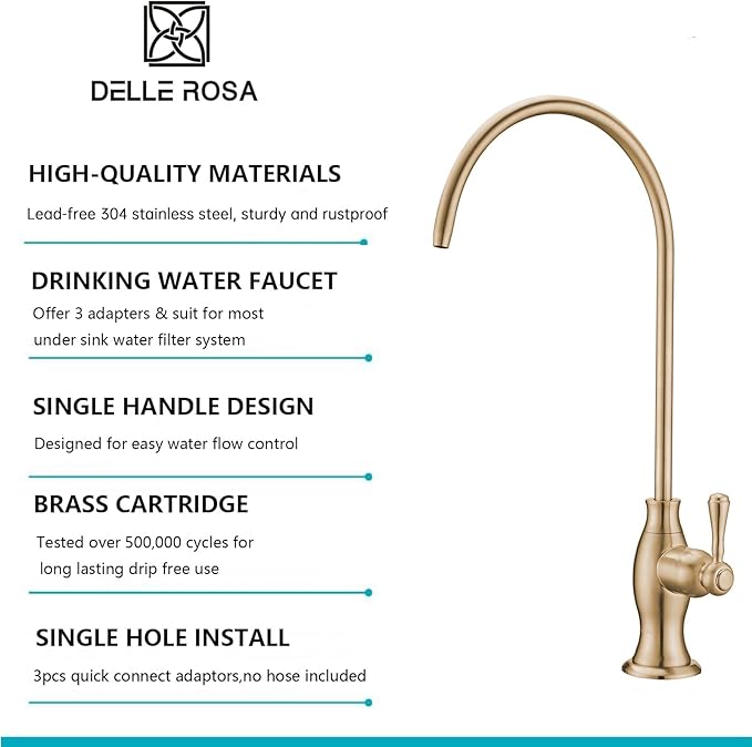 Delle Rosa Brushed Gold Drinking Water Faucet, Non-Air Gap Stainless Steel Kitchen Water Filter Faucet, Classical Water Filtration Faucet for Under Sink Water Filter System Brushed Gold（Light Gold）