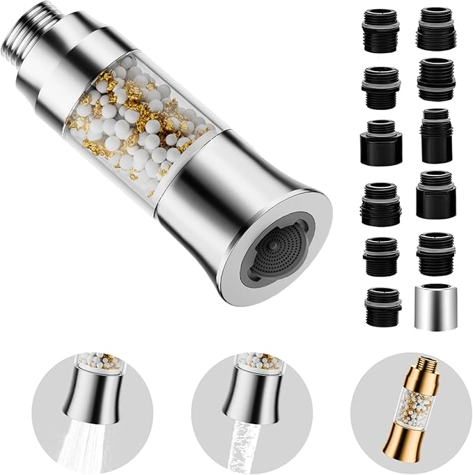 Metal Kitchen Faucet Head Replacement with Filter - Pull Down Spray Head Water Filter for Sink - 2 Modes Sink Sprayer Replacement with 12 Nozzle Adapters - Anti-clogging Design