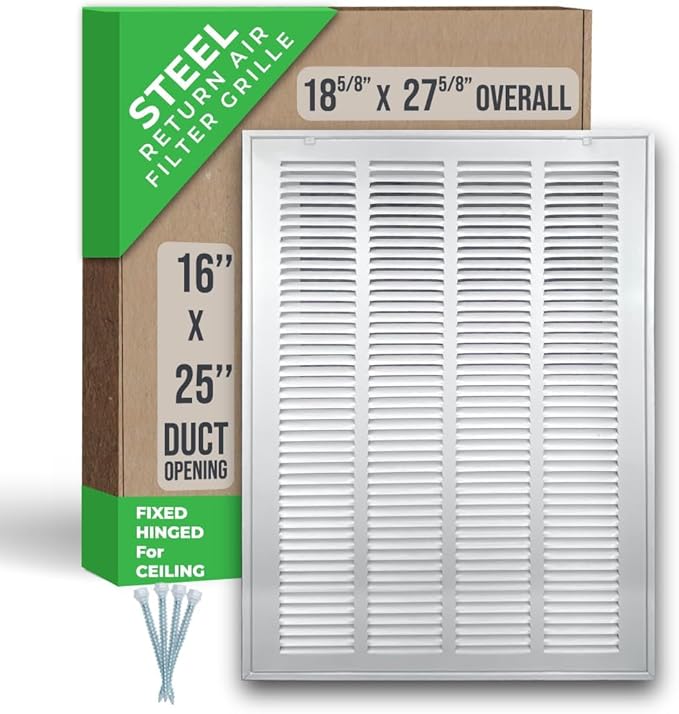 Fits 16x25 Duct Opening | Steel Return Air Filter Grille by Handua [Fixed Hinged] for 1-inch Filters | Vent Cover Grill for Sidewall and Ceiling | White | Outer Dimensions: 18 5/8"W X 27 5/8"H