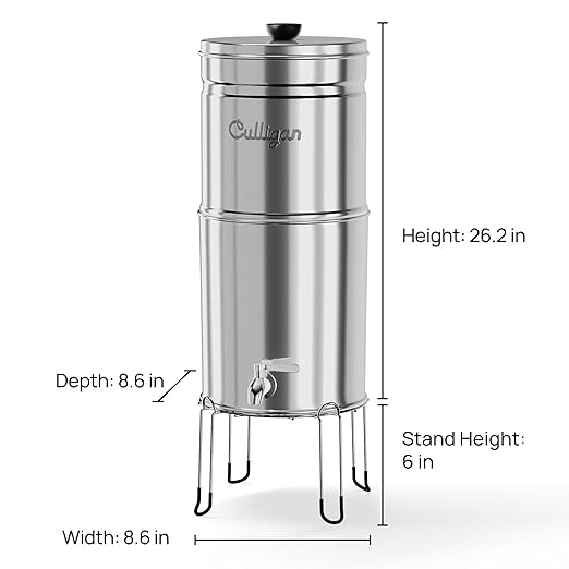 Culligan MaxClear 2.25 Gallon Gravity Water Filter System, Polished Stainless-Steel Countertop Water Filter NSF/ANSI Certified to Reduce Microplastics, Lead & Total PFAS, with 4 Ceramic Filters