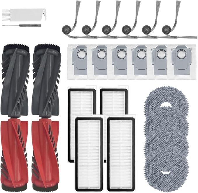 Qrevo S5V Accessories Replacement Parts for Roborock Qrevo Curv/Curv S5X/Qrevo Edge/Edge S5A Robot Vacuum, 2 Pairs Main Brush, 4 Mop Pads, 6 Side Brushes, 4 HEPA Filters,6 Dust Bag, 1 Cleaning Tool