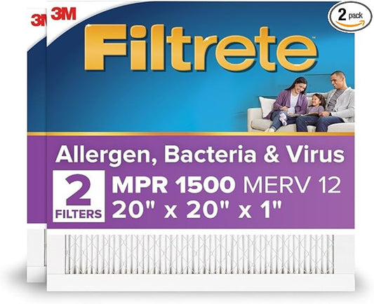 Filtrete 20x20x1 Air Filter MERV 12, MPR 1500 Certified Asthma & Allergy Friendly 2-Pack, AC Furnace HVAC Filters for Home, 3-Month Pleated Electrostatic (Actual Size 19.69x19.69x0.78 in)