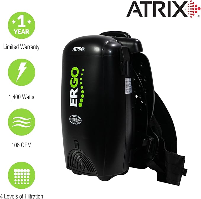 Atrix VACBP1 Ergonomic Backpack Vacuum Cleaner - 8-Quart HEPA Filter, 1400W Portable Small Vacuum for Multi-Use - Includes Attachments: 6' Hose, Blower Nozzles, Wand, Brushes