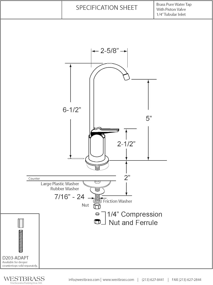 Westbrass D203-NL-20 6" Touch-Flo Style Pure Cold Water Dispenser Faucet, 1 Pack, Stainless Steel